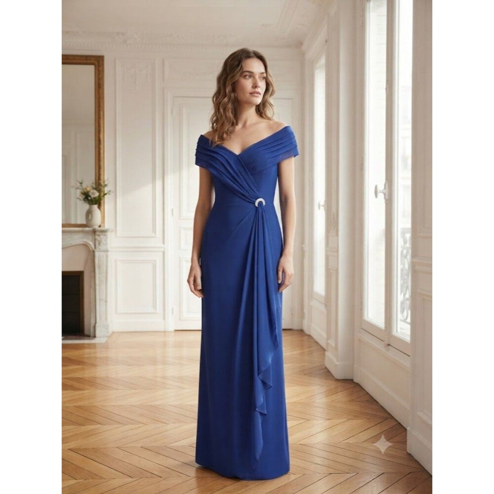 Elegant Royal Blue Draped Evening Dress With Embellishment Size 10